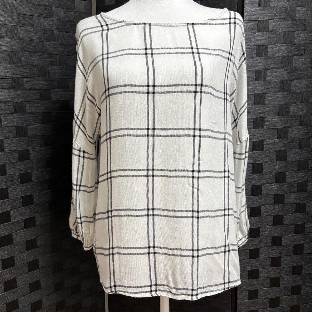 Mi Ami Blouse Womens M 3/4 Sleeve White Black Plaid Back Button Office‎ Career